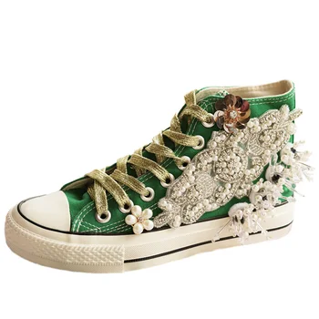 Noua versiunea coreeană a Chaozhou Vintage Verde high-top panza pantofi handmade pearl șir unic de pantofi adidași