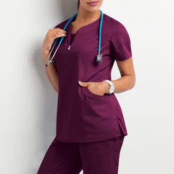 Asistenta Uniforme Femei Bluză de Lucrător de sex Feminin V-neck Buzunar cu Fermoar Culoare Solidă Maneca Scurta Bluze T-shirt de Îngrijire Respirabil Uniformă