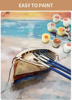 Sunrise Barca Vopsea de Numere pentru Adulți DIY Pictura Vopsea de Numere Kituri pe Pânză, Fără Ramă Ocean Beach 16x20inch Cadou