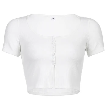 Darlingaga Tricotate Casual rochie Bodycon Alb T-shirt pentru Femei Butonul Split Topuri de Cultură coreeană Slim Vara tricou Tricou Maneca Scurta