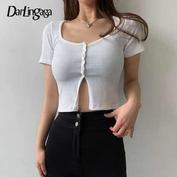 Darlingaga Tricotate Casual rochie Bodycon Alb T-shirt pentru Femei Butonul Split Topuri de Cultură coreeană Slim Vara tricou Tricou Maneca Scurta