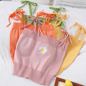 Dantelă-Up Curea Bretele de Vara pentru Femei Culturilor Sus Mic Brodat Camis 9 Culori Bottom T-Shirt Tricotate Tub de Top Femme