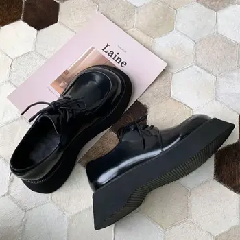Platforme Pantofi Femei de Jos în Tocuri Femeie Pantofi de primăvară Rundă Mare de la picior Pantof Stil Britanic Fete Încălțăminte Aluneca Pe Negru Tocuri Indesata