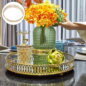 Retro stil European aur de fier rafinat sticla oglinda bază tava dormitor desktop bijuterii cosmetice tava de stocare living fructe