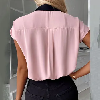 2021 Supradimensionat Vara Femei Casual De Zi Cu Zi Bottoned Maneca Scurta De Culoare Roz V Gât Bluza Eleganta Florale, Cu Dungi De Imprimare Negre Tricou