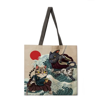 Benzi desenate desene animate samurai cat de imprimare tote geanta casual ladies tote geantă de plajă în aer liber sac de cumpărături de moda doamnă sac geantă de umăr