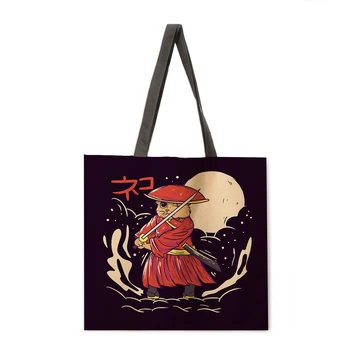 Benzi desenate desene animate samurai cat de imprimare tote geanta casual ladies tote geantă de plajă în aer liber sac de cumpărături de moda doamnă sac geantă de umăr