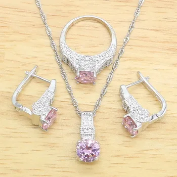 Pink Topaz Argint 925 Seturi De Bijuterii Pentru Femei Brățară Colier Pandantiv Hoop Cercei Inel De Nunta, Cadou De Ziua De Nastere